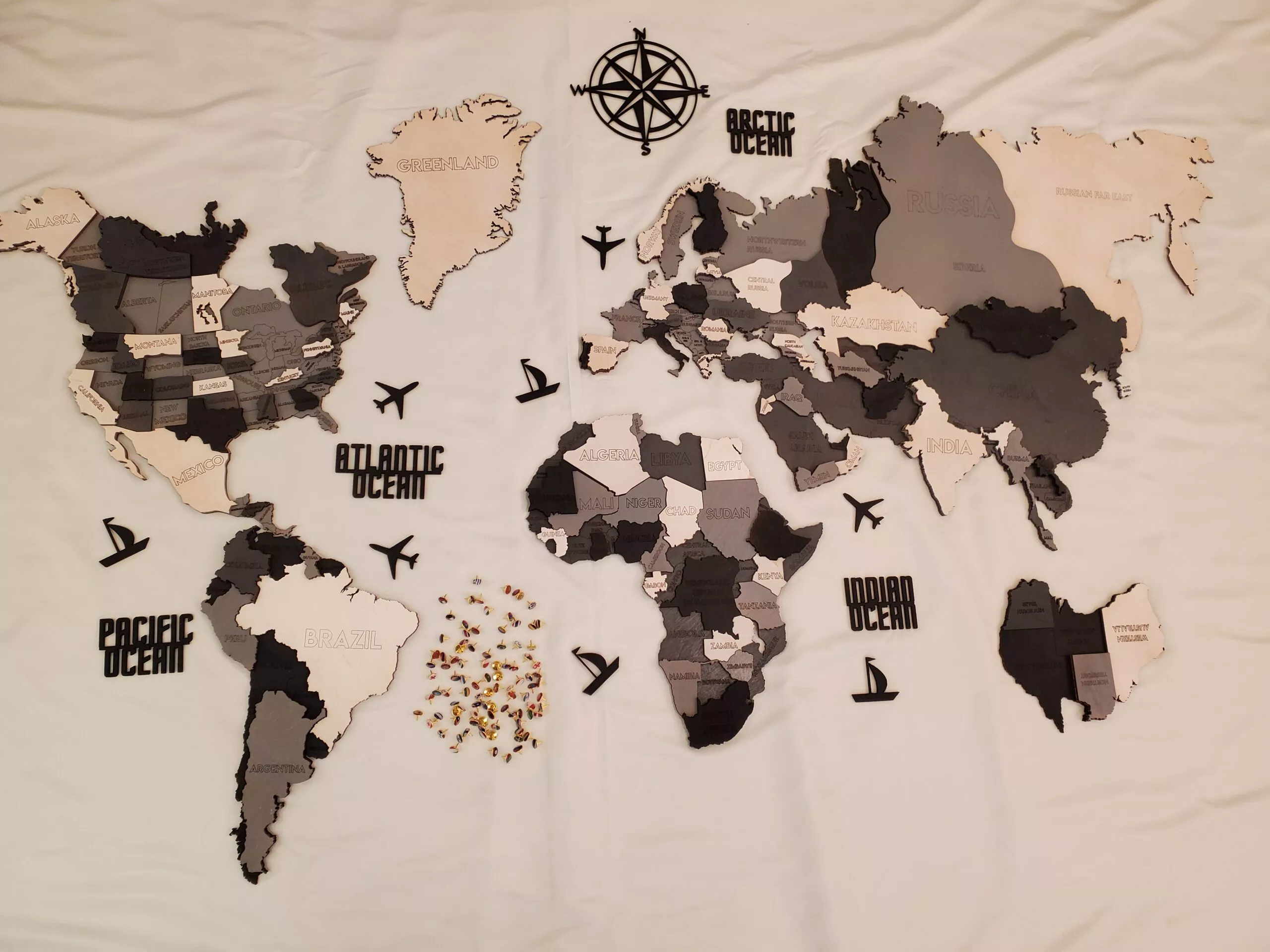 3D Wooden World Map Black and White